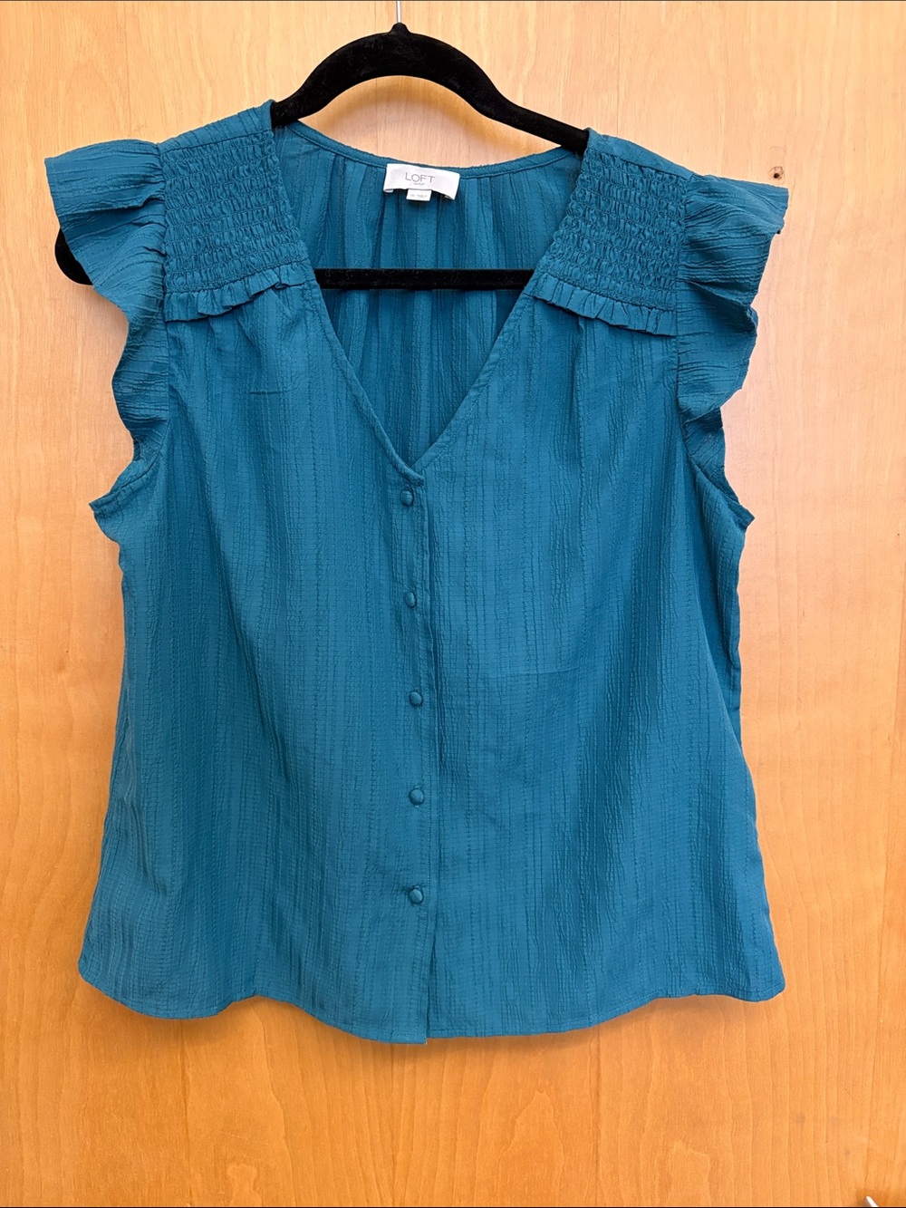 LOFT Teal V-Neck Flutter Sleeve Button-Front Blouse